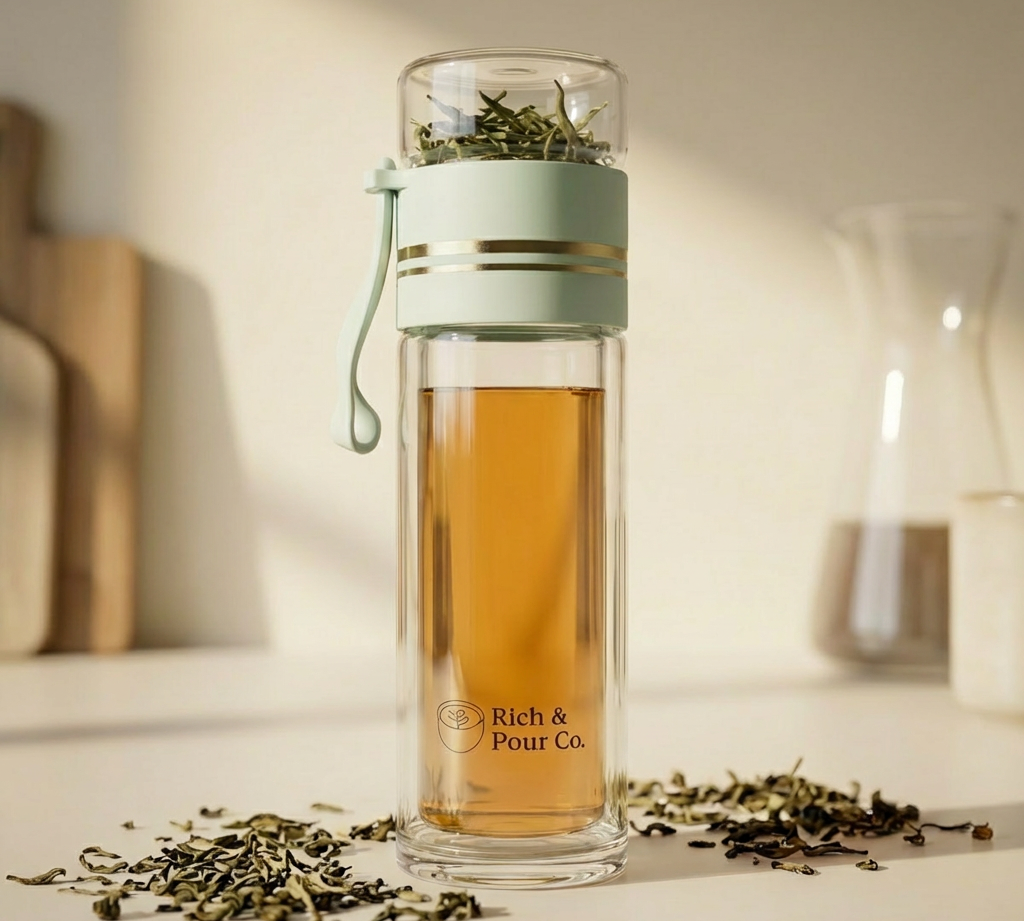 Double-Wall Glass Tea Infuser Tumbler - Leak-Proof Travel Water Bottle - Rich And Pour