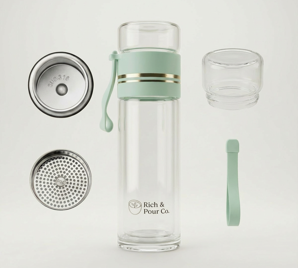 Double-Wall Glass Tea Infuser Tumbler - Leak-Proof Travel Water Bottle - Rich And Pour