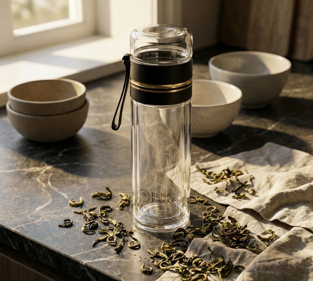 Double-Wall Glass Tea Infuser Tumbler - Leak-Proof Travel Water Bottle - Rich And Pour