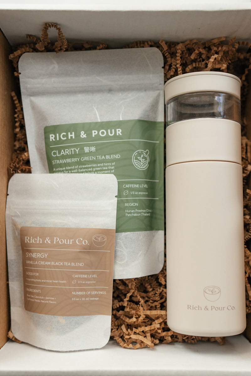 Commuter Tea Bundle – Tumbler with Infuser + 2 Teas + Tin - Rich And Pour