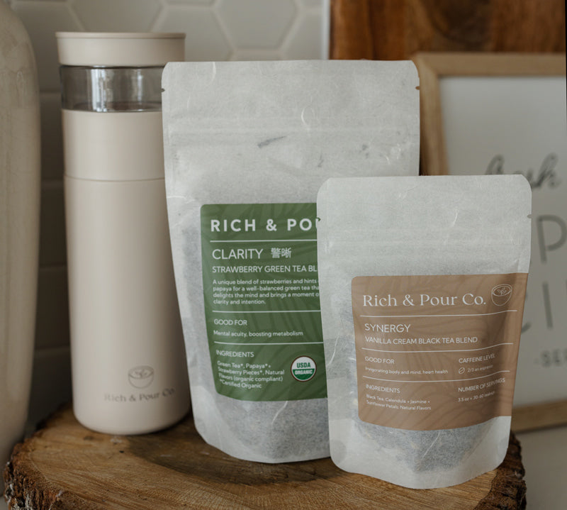 Commuter Tea Bundle – Tumbler with Infuser + 2 Teas + Tin - Rich And Pour