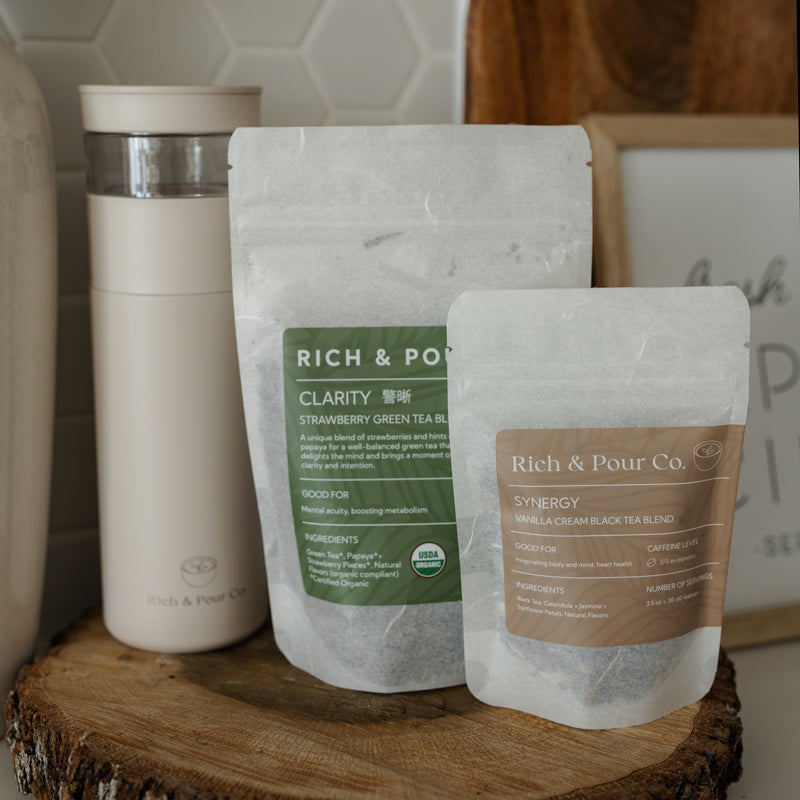 Commuter Tea Bundle – Tumbler with Infuser + 2 Teas + Tin - Rich And Pour